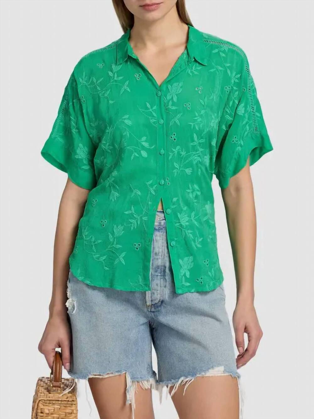 NEW JOHNNY WAS audrey short sleeve eyelet flower shirt in bright green